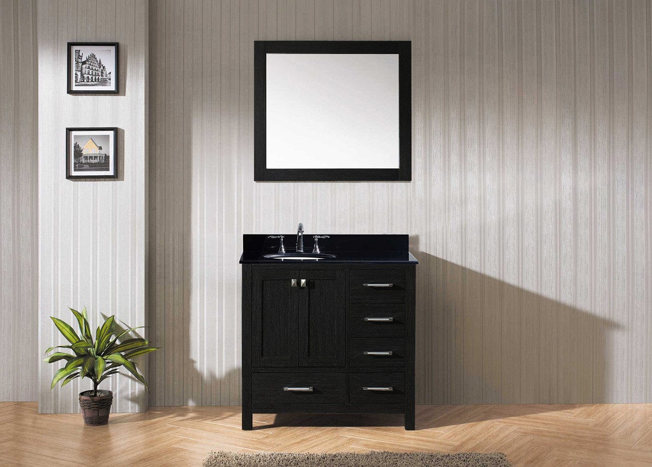 Virtu USA Caroline Premium 36 Single Bathroom Vanity Set in Zebra Grey w/ Black Galaxy Granite CounterTop | Round Basin , Rightside Drawer