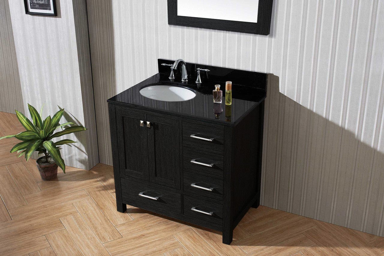 Virtu USA Caroline Premium 36 Single Bathroom Vanity Set in Zebra Grey w/ Black Galaxy Granite CounterTop | Round Basin , Rightside Drawer