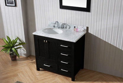 Virtu USA Caroline Premium 36 Single Bathroom Vanity Set in Zebra Grey w/ Italian Carrara White Marble CounterTop | Round Basin , Rightside Drawer