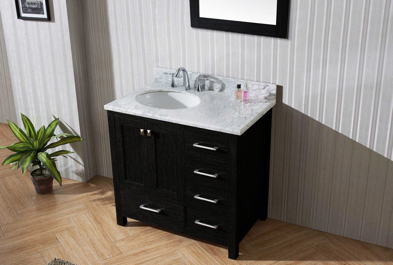 Virtu USA Caroline Premium 36 Single Bathroom Vanity Set in Zebra Grey w/ Italian Carrara White Marble CounterTop | Round Basin , Rightside Drawer