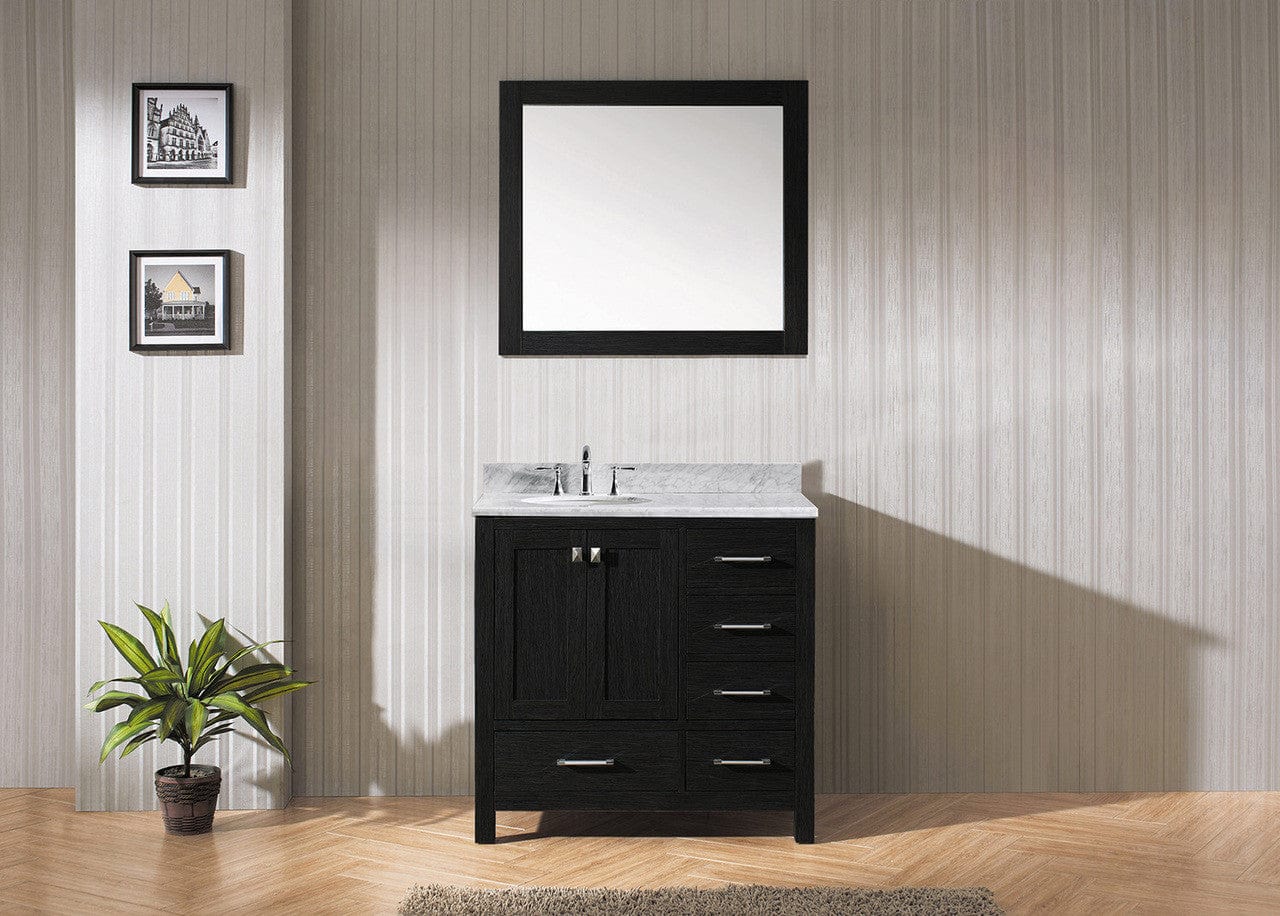 Virtu USA Caroline Premium 36 Single Bathroom Vanity Set in Zebra Grey w/ Italian Carrara White Marble CounterTop | Round Basin , Rightside Drawer