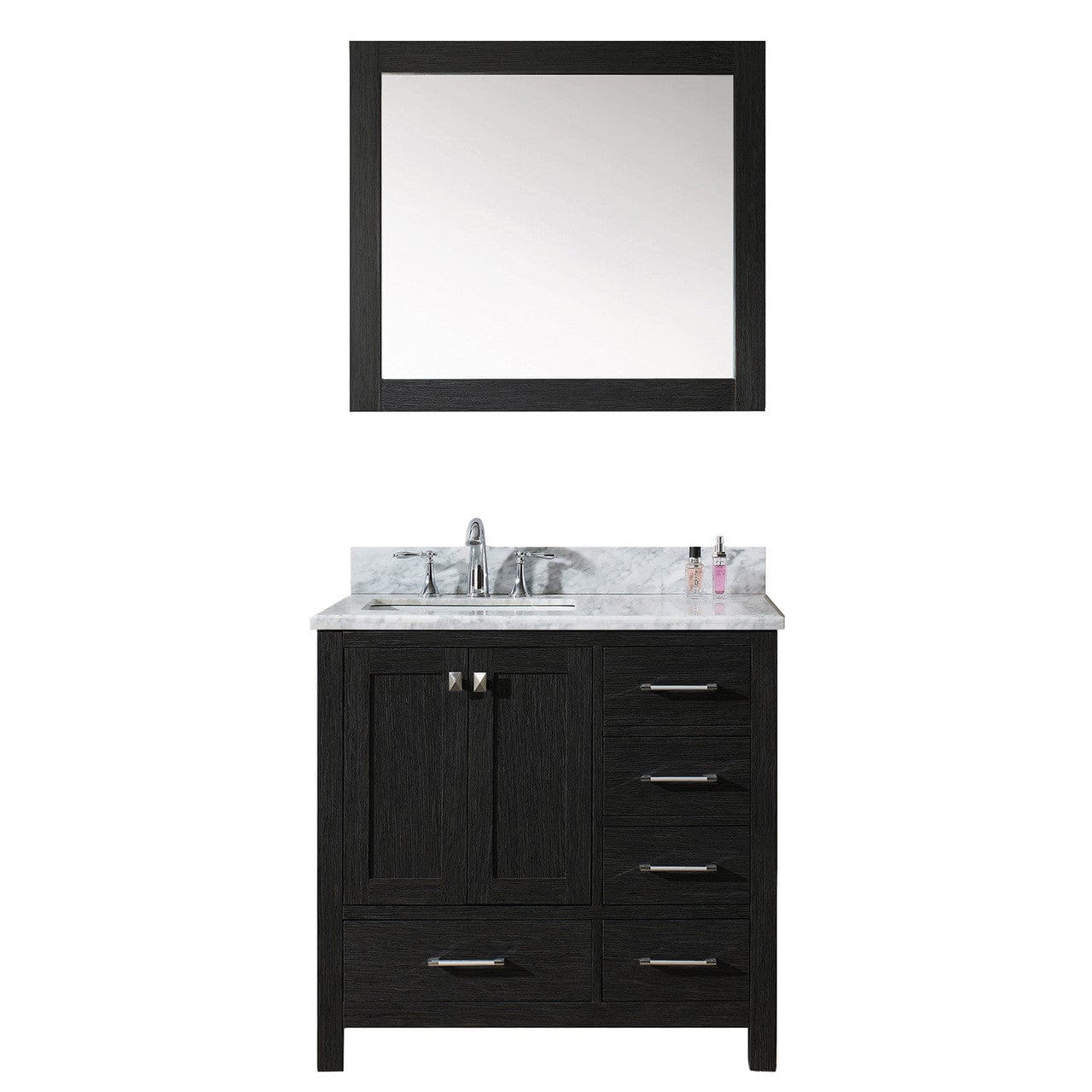 Virtu USA Caroline Premium 36" Single Bathroom Vanity Set in Zebra Grey w/ Italian Carrara White Marble CounterTop | Square Basin