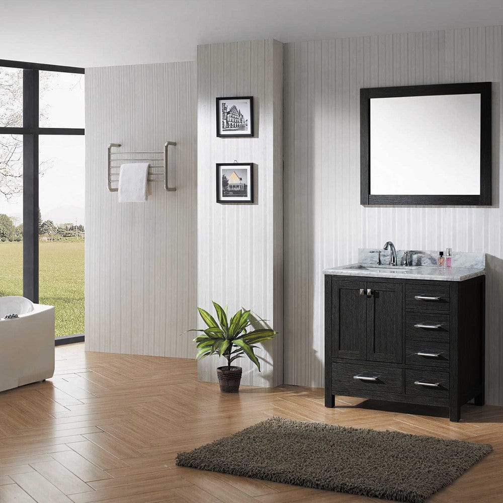 Virtu USA Caroline Premium 36 Single Bathroom Vanity Set in Zebra Grey w/ Italian Carrara White Marble CounterTop | Square Basin , Rightside Drawer