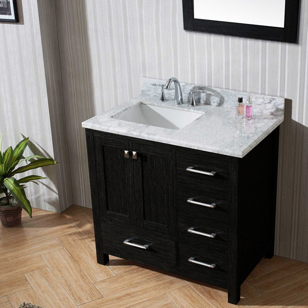 Virtu USA Caroline Premium 36 Single Bathroom Vanity Set in Zebra Grey w/ Italian Carrara White Marble CounterTop | Square Basin , Rightside Drawer