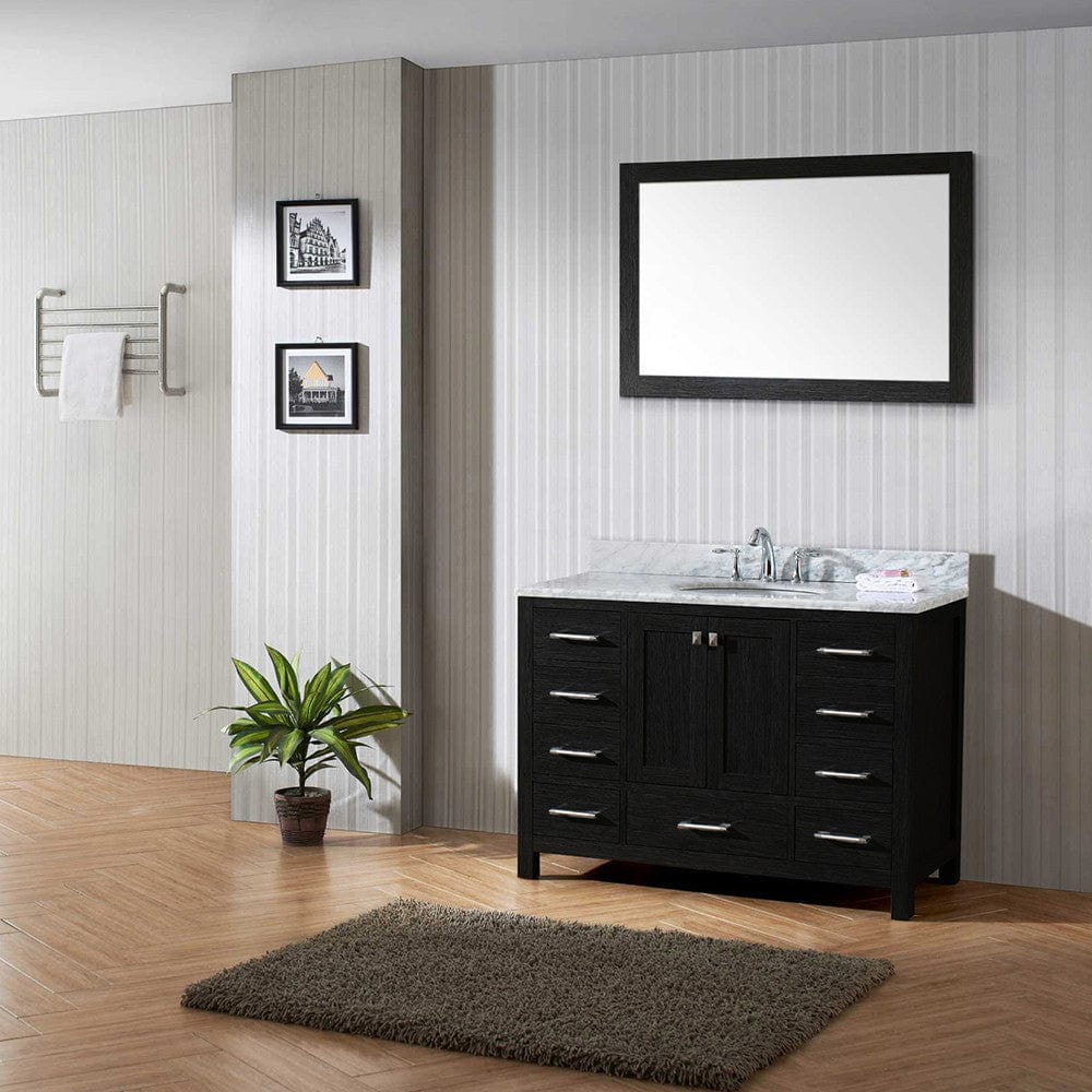 Virtu USA Caroline Premium 48 Single Bathroom Vanity Set in Zebra Grey w/ Italian Carrara White Marble Counter-Top | Round Basin