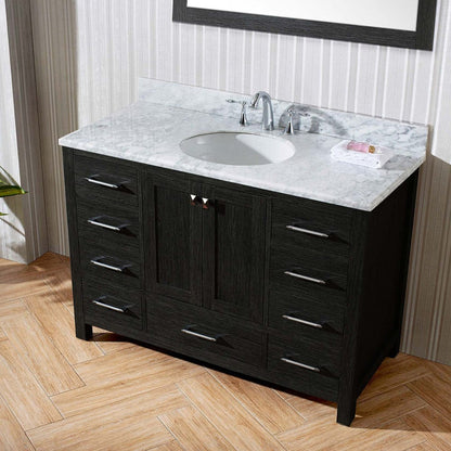 Virtu USA Caroline Premium 48 Single Bathroom Vanity Set in Zebra Grey w/ Italian Carrara White Marble Counter-Top | Round Basin