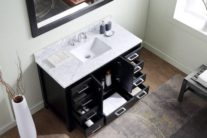 Virtu USA Caroline Premium 48 Single Bathroom Vanity Set in Zebra Grey w/ Italian Carrara White Marble Counter-Top | Square Basin