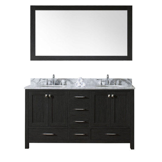 Virtu USA Caroline Premium 60" Double Bathroom Vanity Set in Zebra Grey w/ Italian Carrara White Marble CounterTop | Round Basin