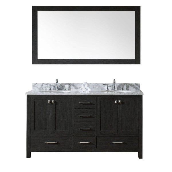 Virtu USA Caroline Premium 60 Double Bathroom Vanity Set in Zebra Grey w/ Italian Carrara White Marble CounterTop | Round Basin
