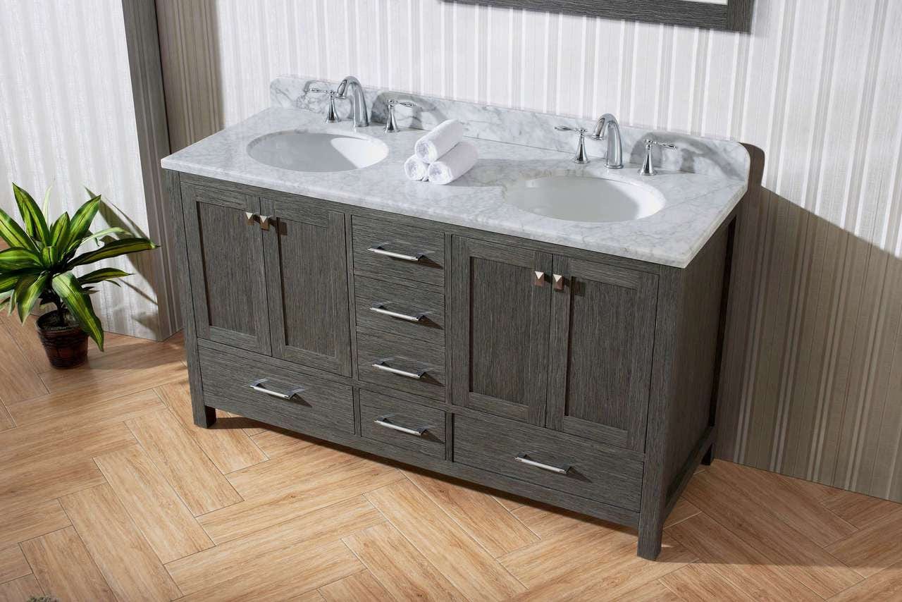 Virtu USA Caroline Premium 60 Double Bathroom Vanity Set in Zebra Grey w/ Italian Carrara White Marble Counter-Top | Round Basin