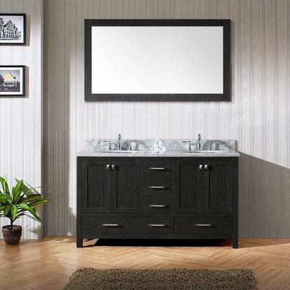 Virtu USA Caroline Premium 60 Double Bathroom Vanity Set in Zebra Grey w/ Italian Carrara White Marble Counter-Top | Round Basin