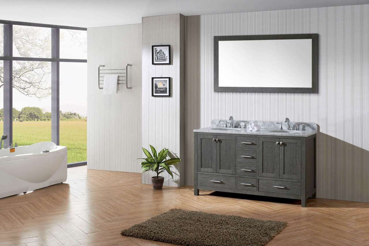 Virtu USA Caroline Premium 60 Double Bathroom Vanity Set in Zebra Grey w/ Italian Carrara White Marble Counter-Top | Round Basin