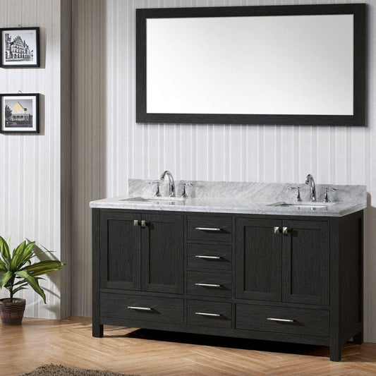 Virtu USA Caroline Premium 60 Double Bathroom Vanity Set in Zebra Grey w/ Italian Carrara White Marble Counter-Top | Square Basin