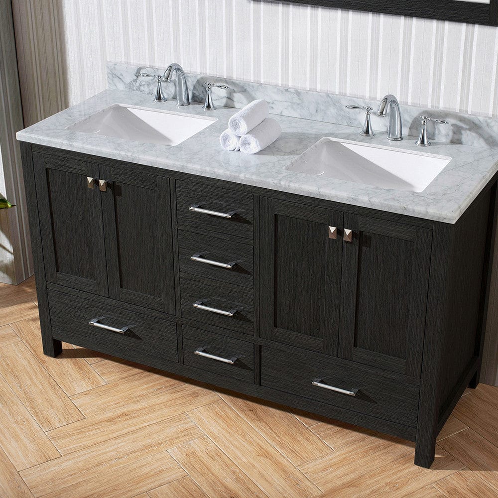 Virtu USA Caroline Premium 60 Double Bathroom Vanity Set in Zebra Grey w/ Italian Carrara White Marble Counter-Top | Square Basin