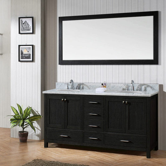 Virtu USA Caroline Premium 72 Double Bathroom Vanity Set in Zebra Grey w/ Italian Carrara White Marble Counter-Top | Round Basin