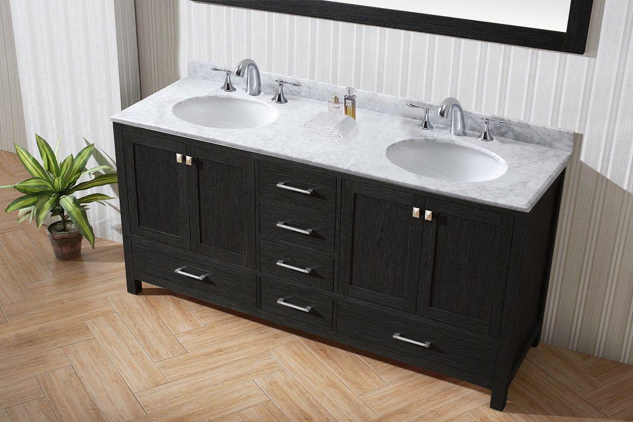 Virtu USA Caroline Premium 72 Double Bathroom Vanity Set in Zebra Grey w/ Italian Carrara White Marble Counter-Top | Round Basin