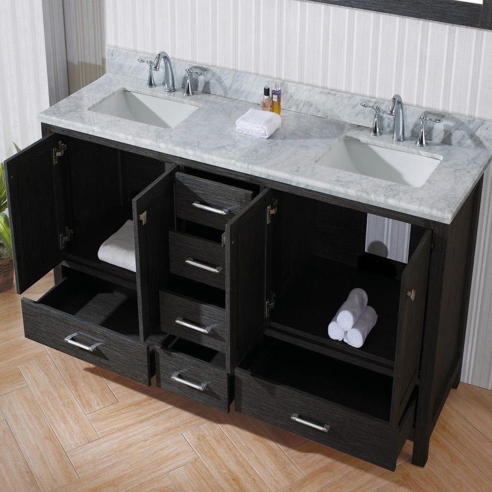 Virtu USA Caroline Premium 72 Double Bathroom Vanity Set in Zebra Grey w/ Italian Carrara White Marble Counter-Top | Square Basin