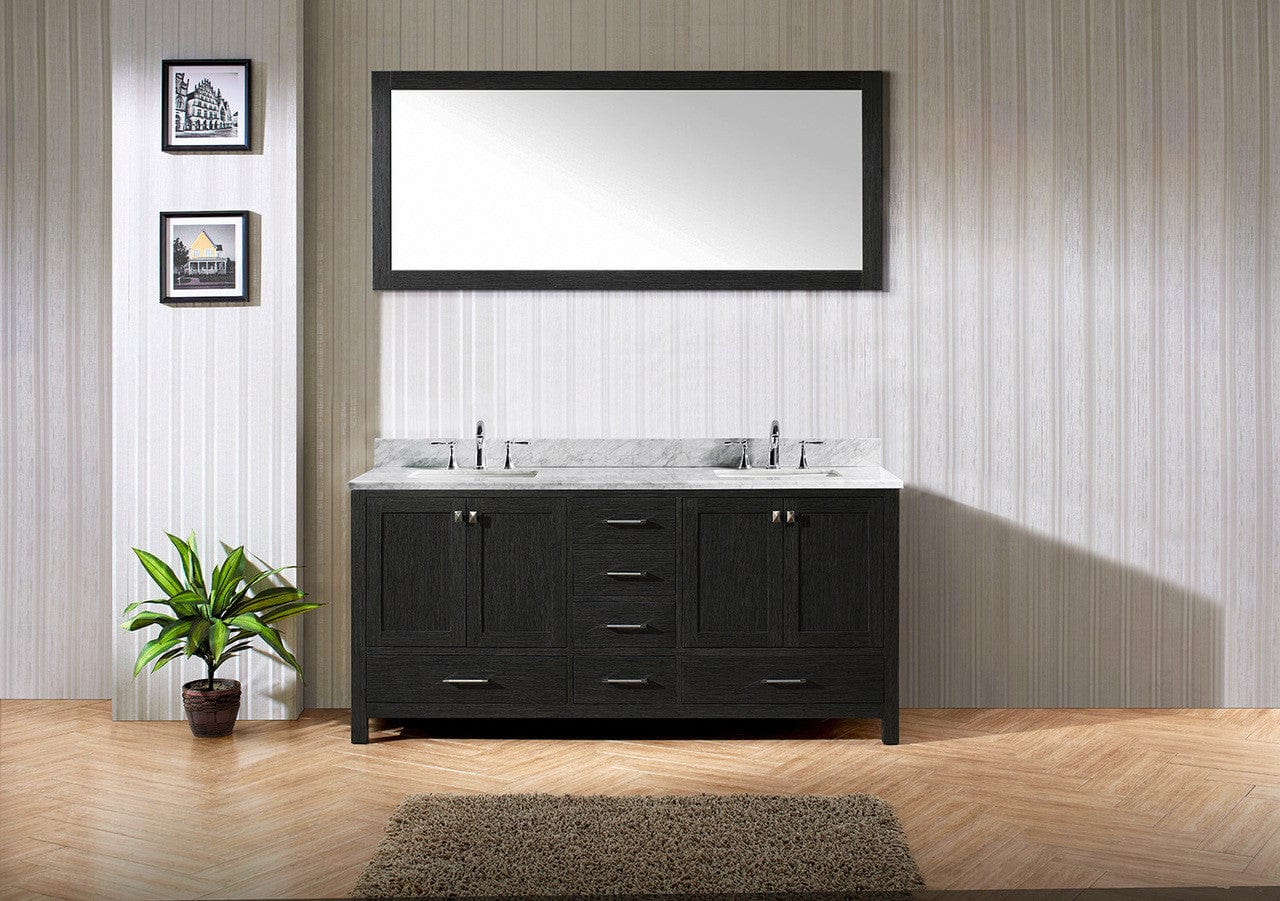 Virtu USA Caroline Premium 72 Double Bathroom Vanity Set in Zebra Grey w/ Italian Carrara White Marble Counter-Top | Square Basin