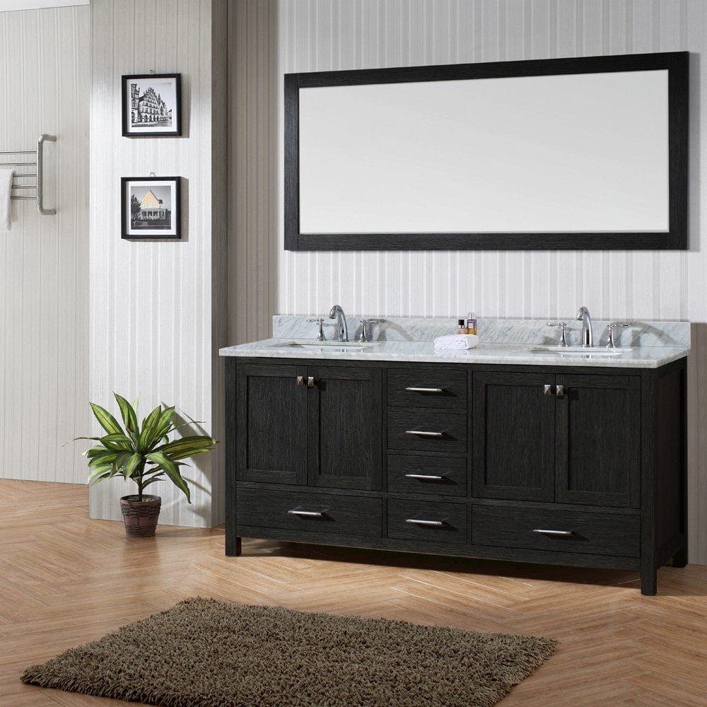 Virtu USA Caroline Premium 72 Double Bathroom Vanity Set in Zebra Grey w/ Italian Carrara White Marble Counter-Top | Square Basin