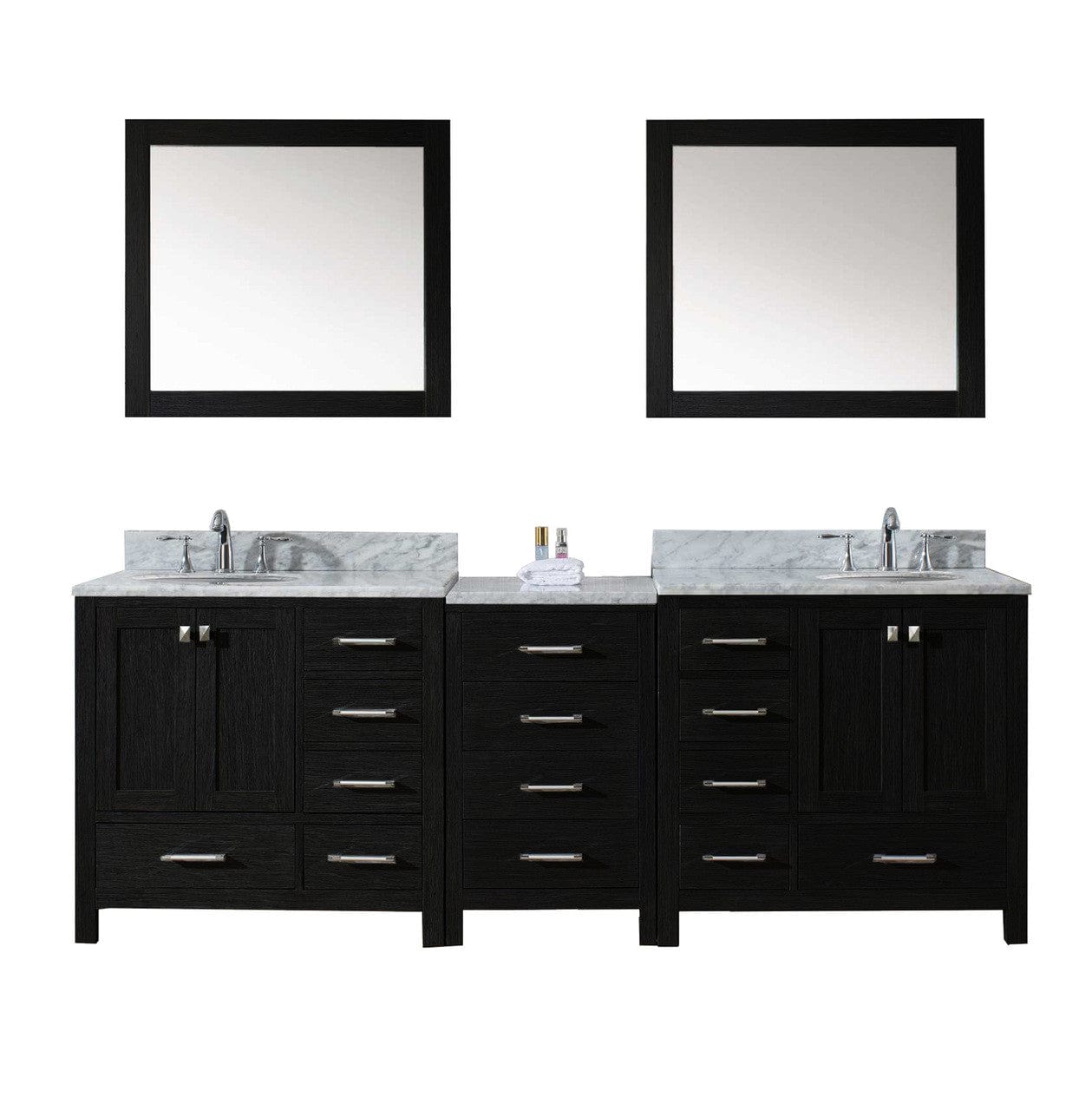 Virtu USA Caroline Premium 90" Double Bathroom Vanity Set in Zebra Grey w/ Italian Carrara White Marble CounterTop | Round Basin