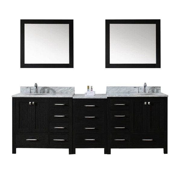 Virtu USA Caroline Premium 90 Double Bathroom Vanity Set in Zebra Grey w/ Italian Carrara White Marble CounterTop | Round Basin