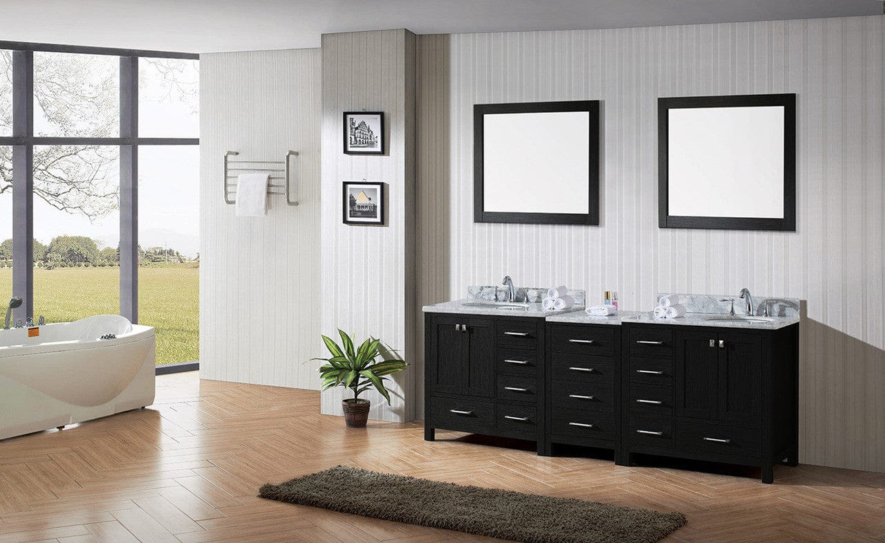 Virtu USA Caroline Premium 90 Double Bathroom Vanity Set in Zebra Grey w/ Italian Carrara White Marble Counter-Top | Round Basin