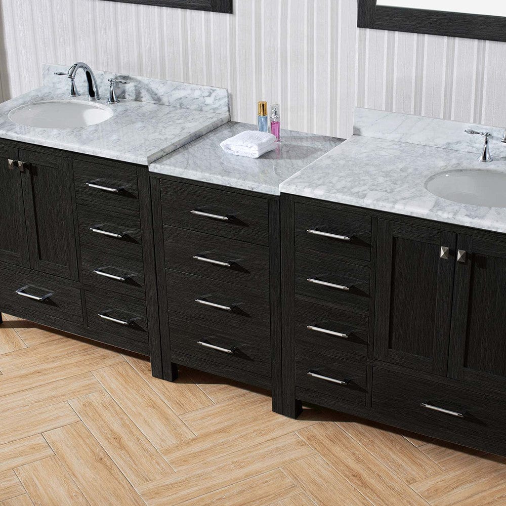 Virtu USA Caroline Premium 90 Double Bathroom Vanity Set in Zebra Grey w/ Italian Carrara White Marble Counter-Top | Round Basin