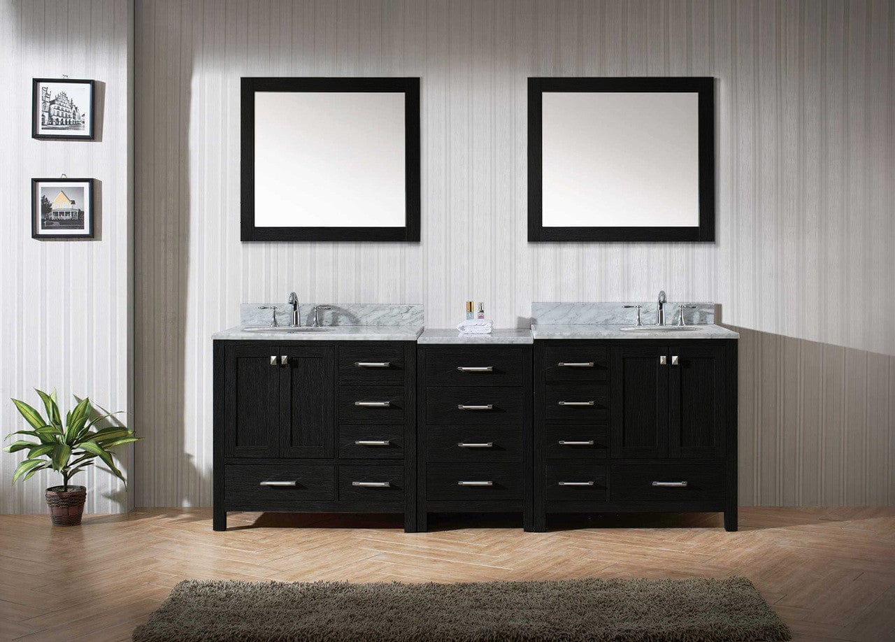 Virtu USA Caroline Premium 90 Double Bathroom Vanity Set in Zebra Grey w/ Italian Carrara White Marble Counter-Top | Round Basin