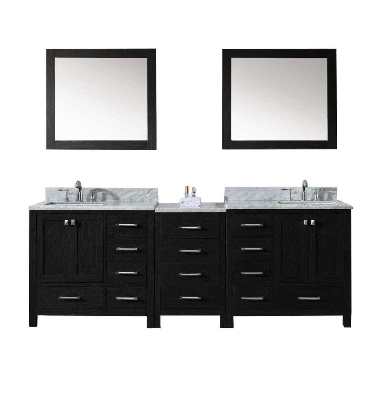 Virtu USA Caroline Premium 90" Double Bathroom Vanity Set in Zebra Grey w/ Italian Carrara White Marble CounterTop | Square Basin
