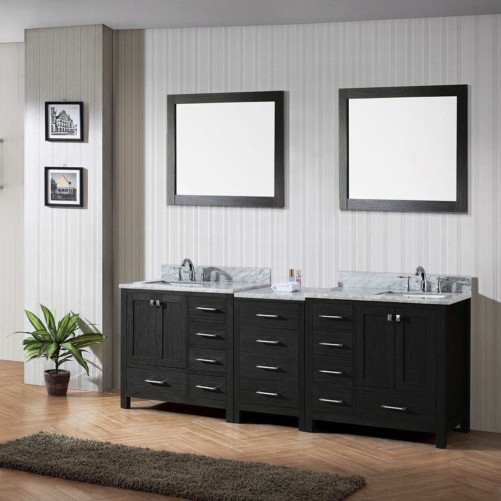 Virtu USA Caroline Premium 90 Double Bathroom Vanity Set in Zebra Grey w/ Italian Carrara White Marble Counter-Top | Square Basin