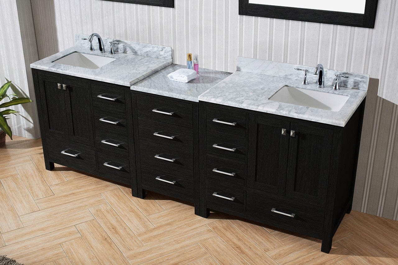 Virtu USA Caroline Premium 90 Double Bathroom Vanity Set in Zebra Grey w/ Italian Carrara White Marble Counter-Top | Square Basin