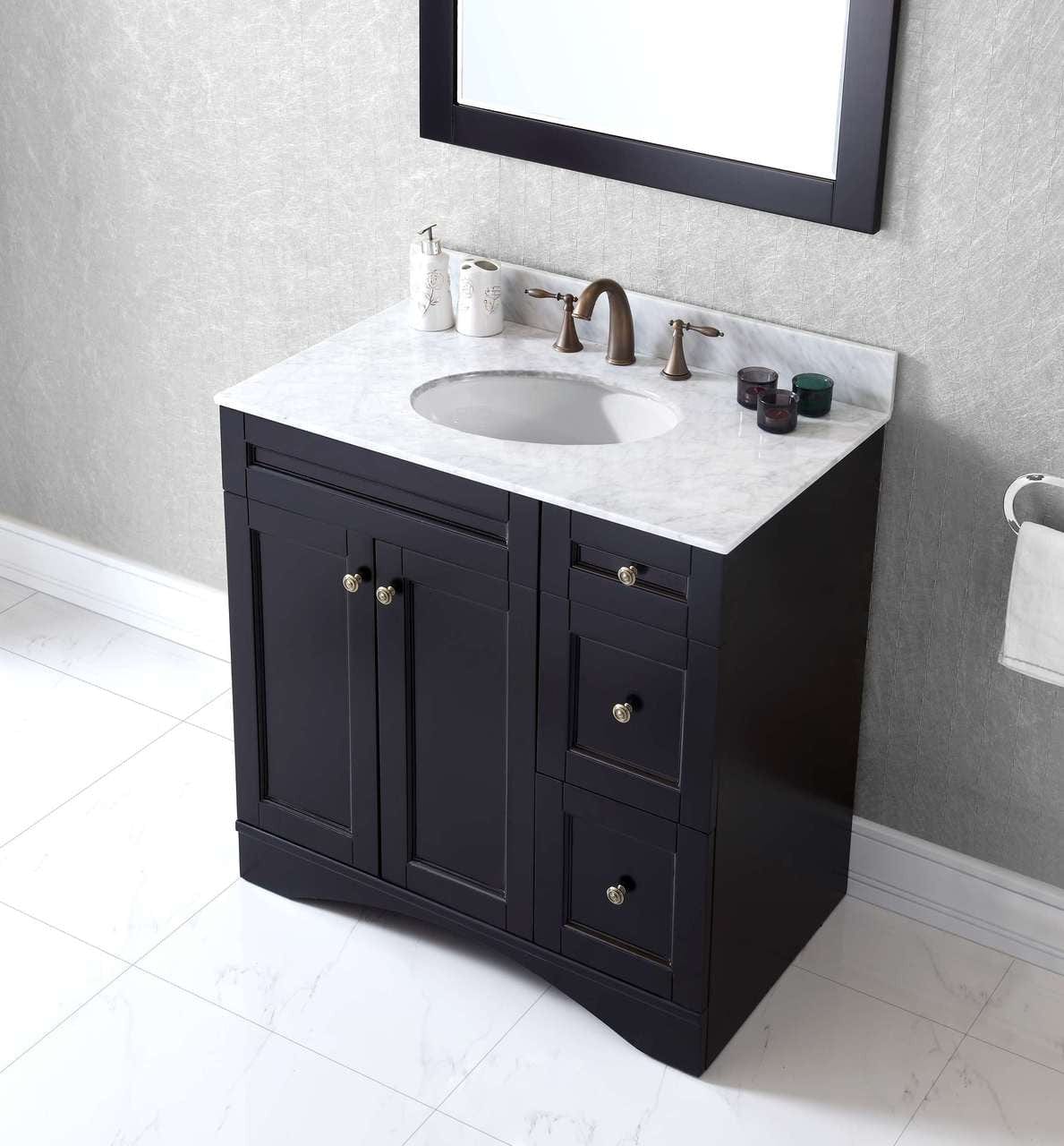 Virtu USA Elise 36 Single Bathroom Vanity Set in Espresso w/ Italian Carrara White Marble Counter-Top | Round Basin