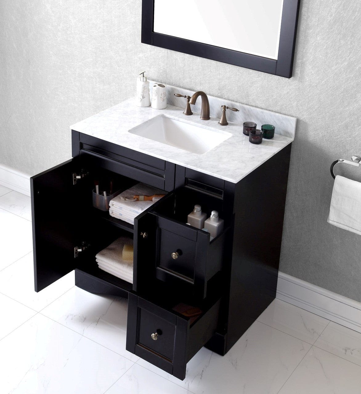 Virtu USA Elise 36 Single Bathroom Vanity Set in Espresso w/ Italian Carrara White Marble Counter-Top | Square Basin