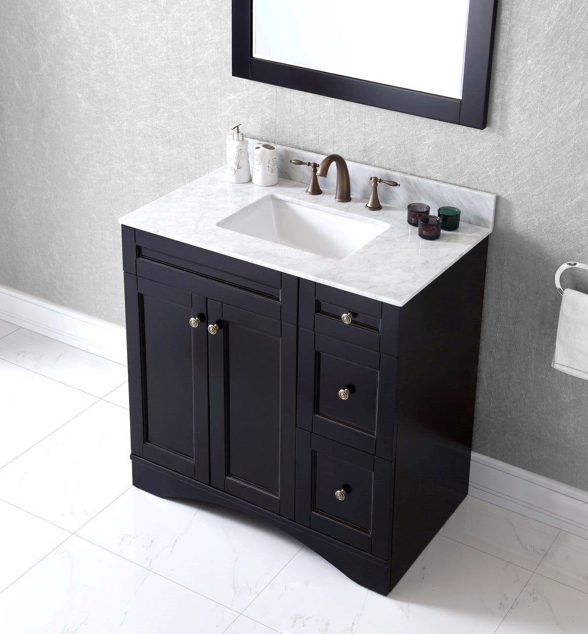 Virtu USA Elise 36 Single Bathroom Vanity Set in Espresso w/ Italian Carrara White Marble Counter-Top | Square Basin