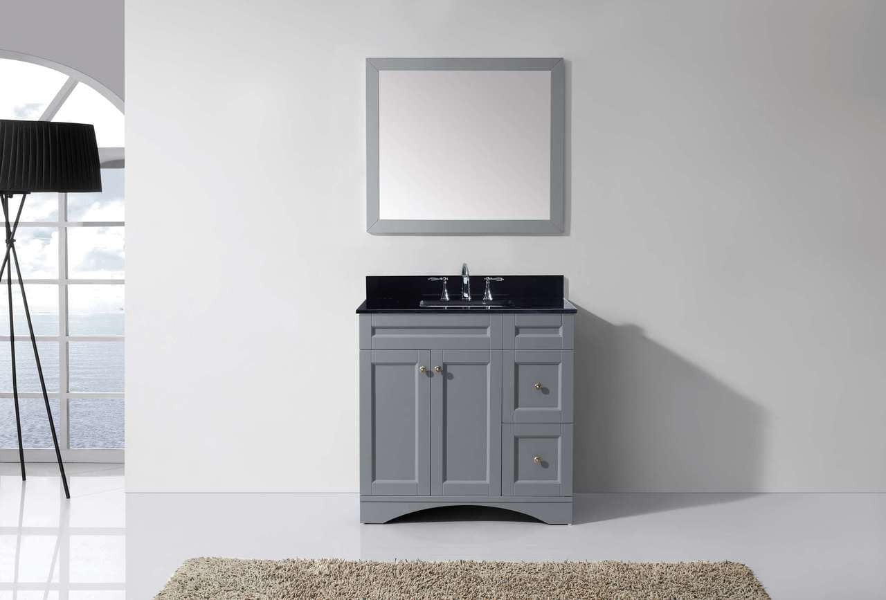 Virtu USA Elise 36 Single Bathroom Vanity Set in Grey w/ Black Galaxy Granite Counter-Top | Square Basin