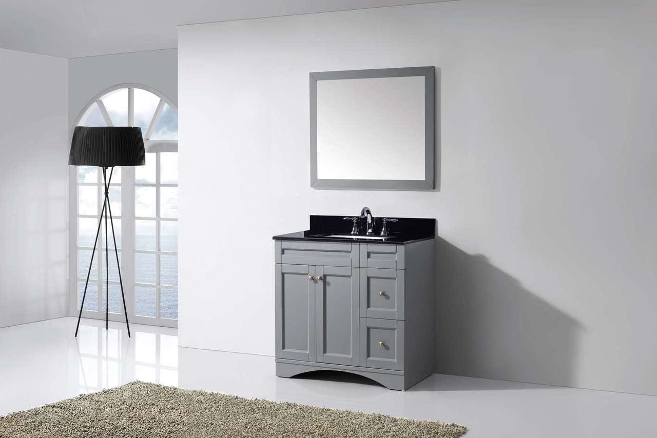 Virtu USA Elise 36 Single Bathroom Vanity Set in Grey w/ Black Galaxy Granite Counter-Top | Square Basin