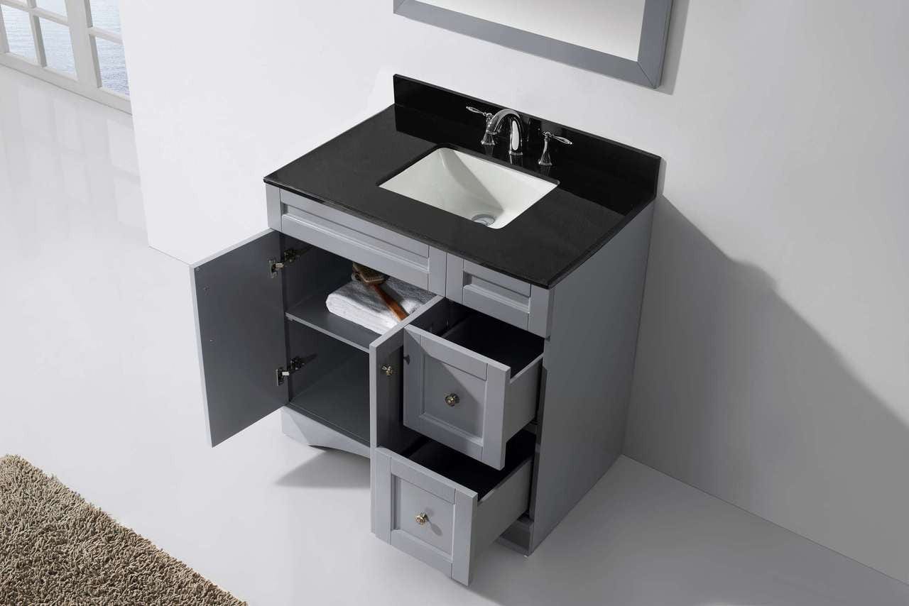 Virtu USA Elise 36 Single Bathroom Vanity Set in Grey w/ Black Galaxy Granite Counter-Top | Square Basin