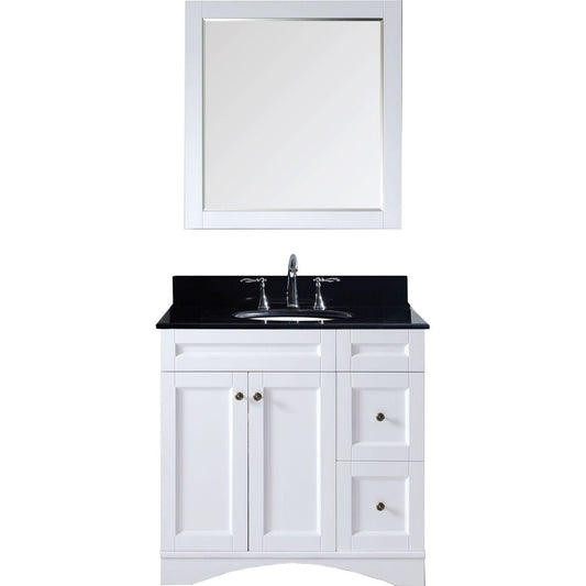 Virtu USA Elise 36" Single Bathroom Vanity Set in White w/ Black Galaxy Granite Counter-Top | Round Basin