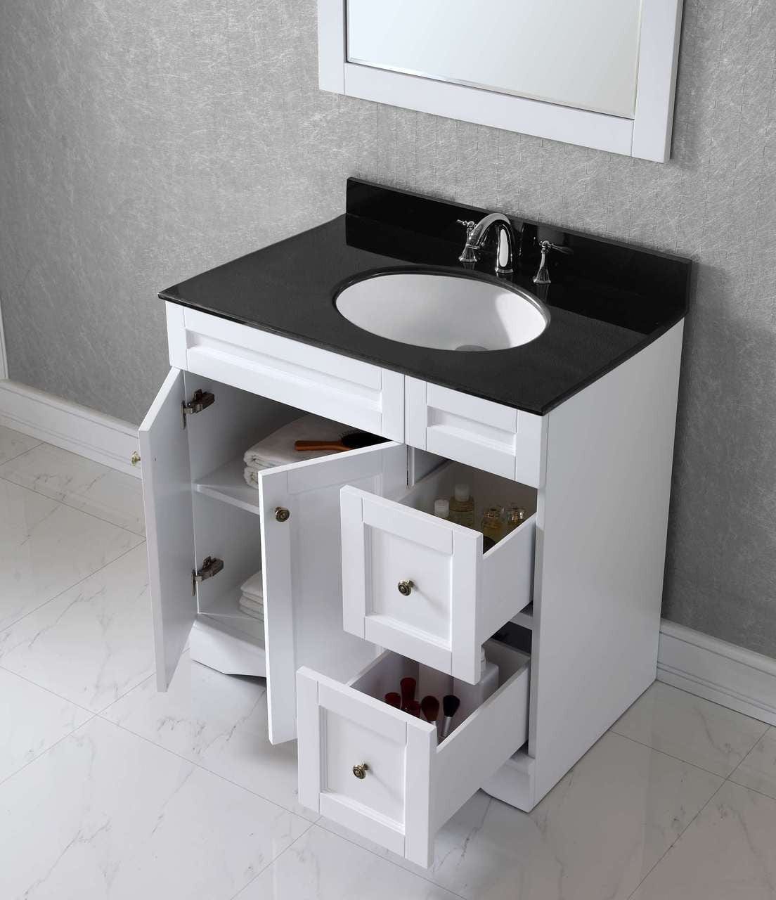 Virtu USA Elise 36 Single Bathroom Vanity Set in White w/ Black Galaxy Granite Counter-Top | Round Basin