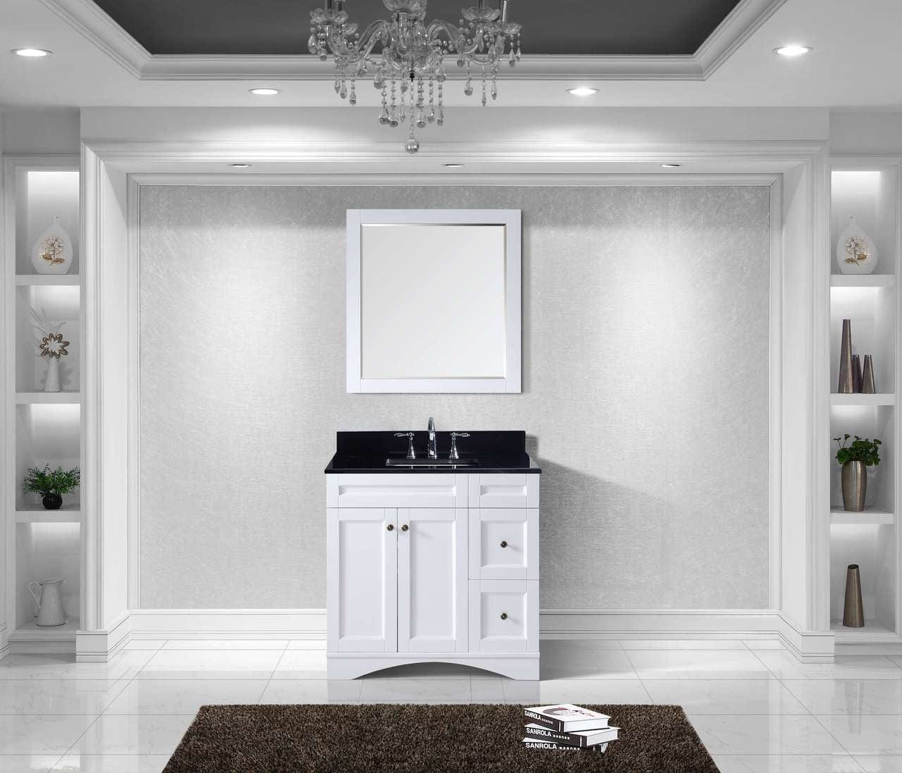 Virtu USA Elise 36 Single Bathroom Vanity Set in White w/ Black Galaxy Granite Counter-Top | Square Basin