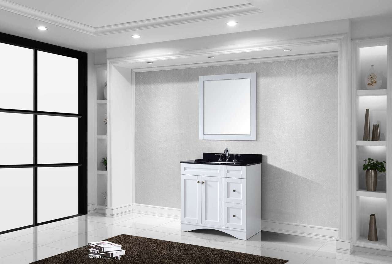 Virtu USA Elise 36 Single Bathroom Vanity Set in White w/ Black Galaxy Granite Counter-Top | Square Basin