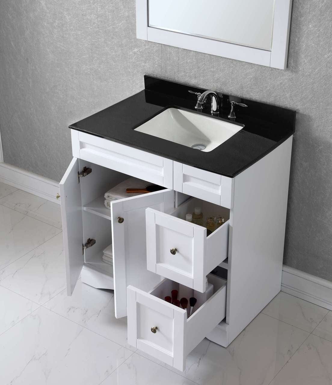 Virtu USA Elise 36 Single Bathroom Vanity Set in White w/ Black Galaxy Granite Counter-Top | Square Basin