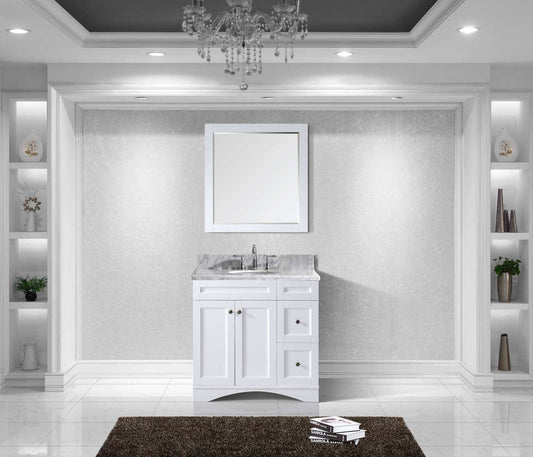 Virtu USA Elise 36 Single Bathroom Vanity Set in White w/ Italian Carrara White Marble Counter-Top | Round Basin