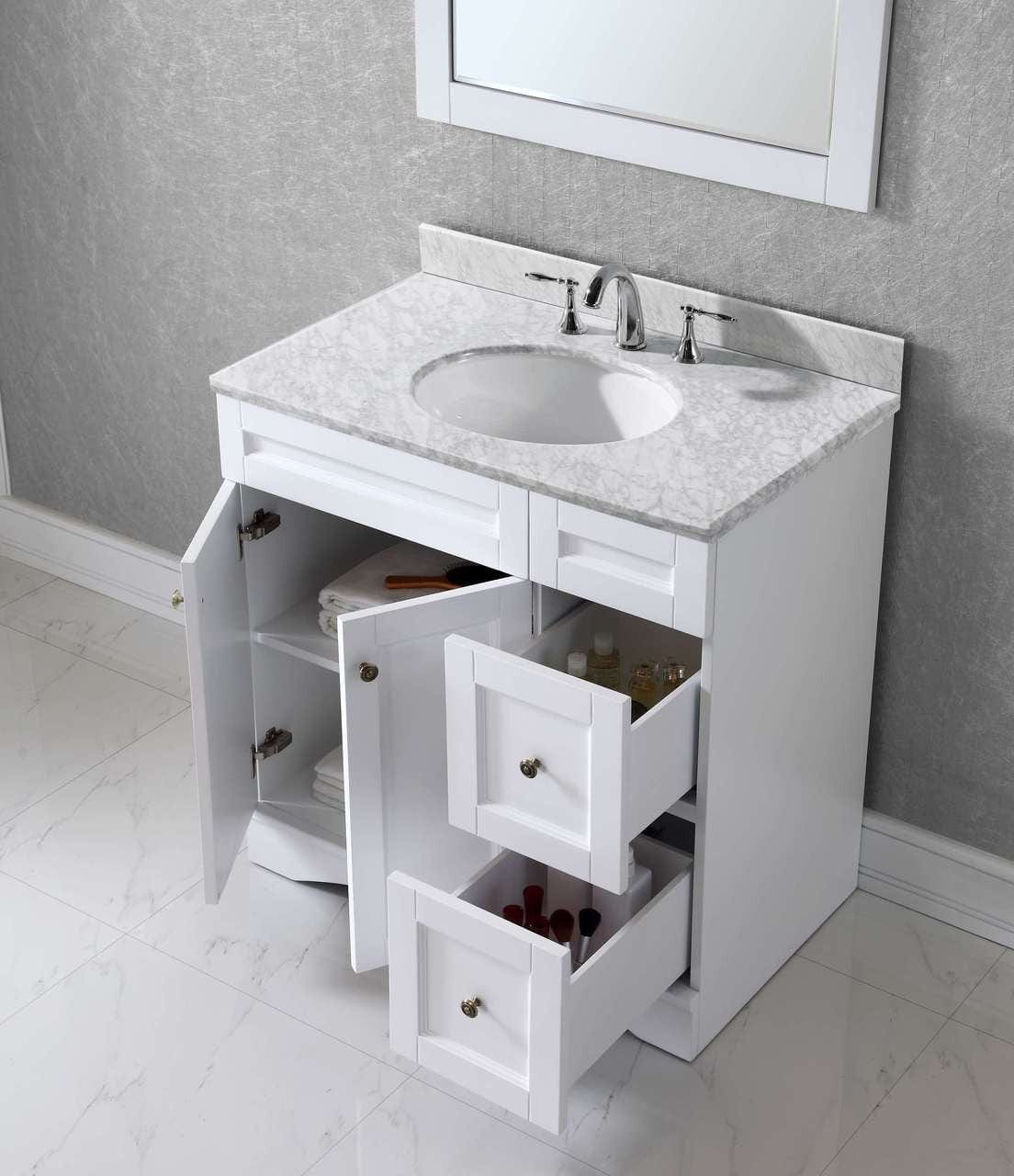 Virtu USA Elise 36 Single Bathroom Vanity Set in White w/ Italian Carrara White Marble Counter-Top | Round Basin