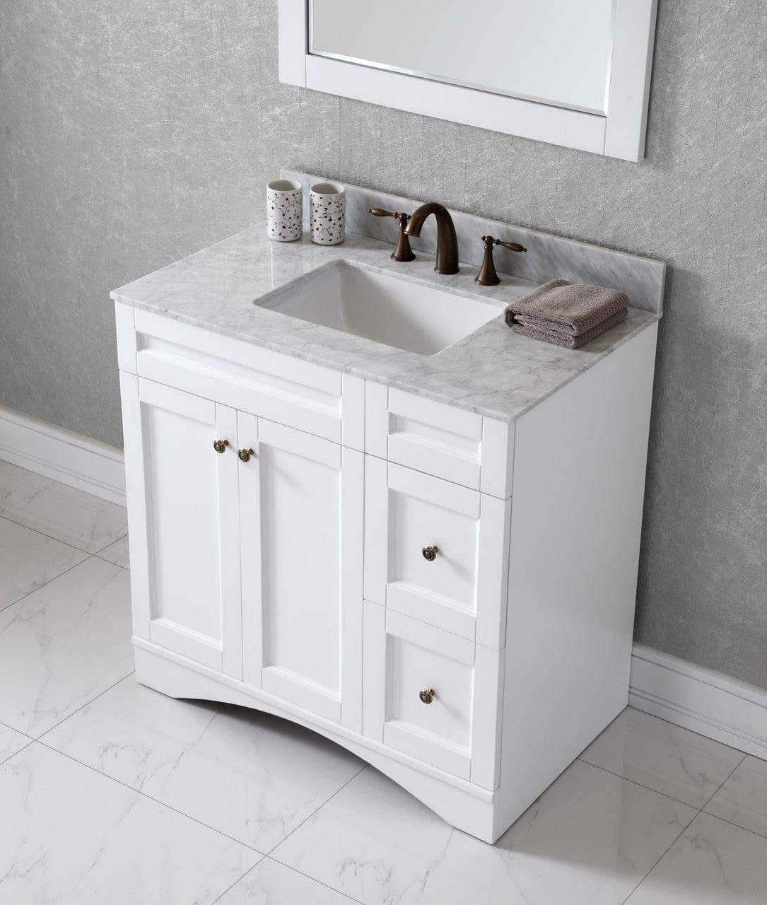 Virtu USA Elise 36 Single Bathroom Vanity Set in White w/ Italian Carrara White Marble Counter-Top | Square Basin