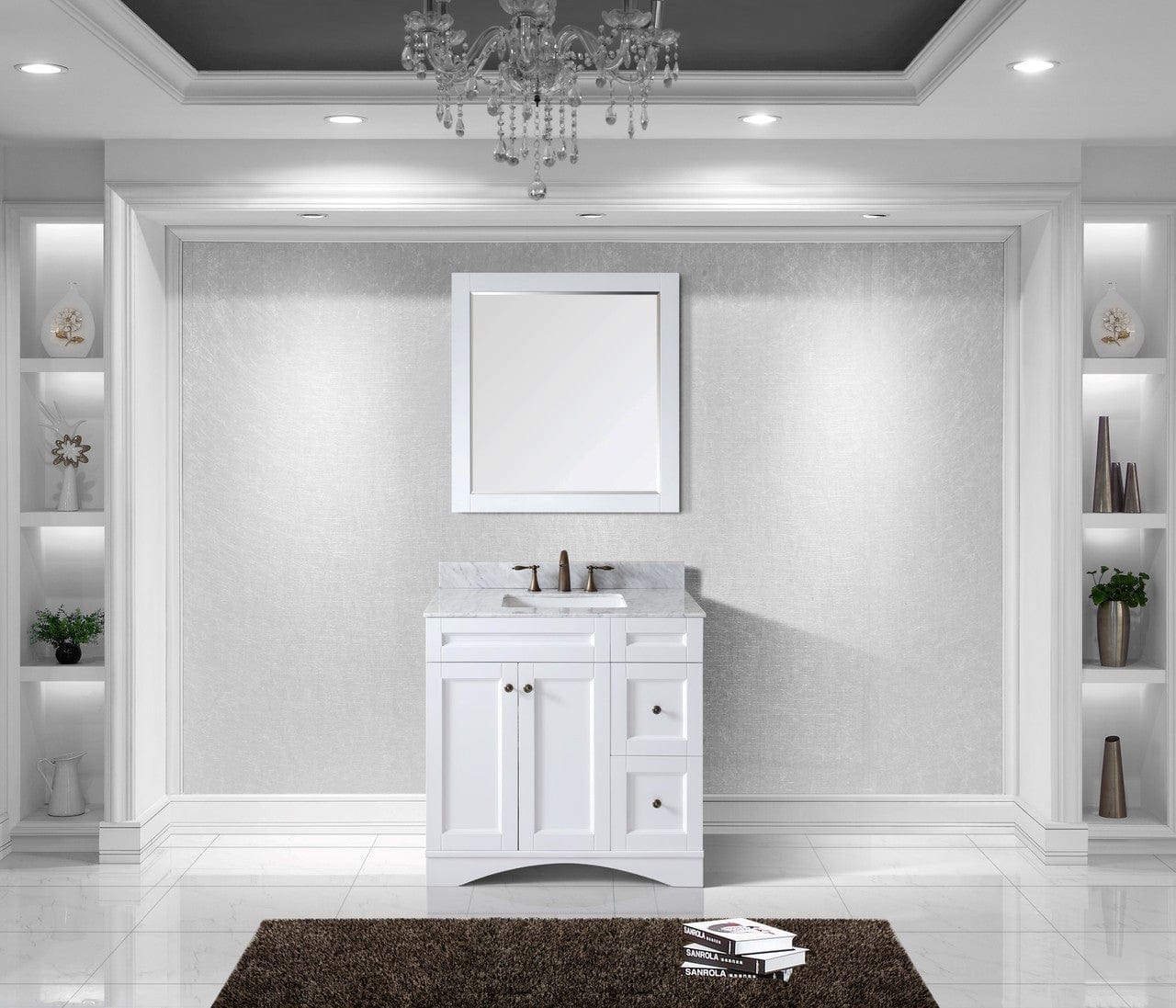 Virtu USA Elise 36 Single Bathroom Vanity Set in White w/ Italian Carrara White Marble Counter-Top | Square Basin