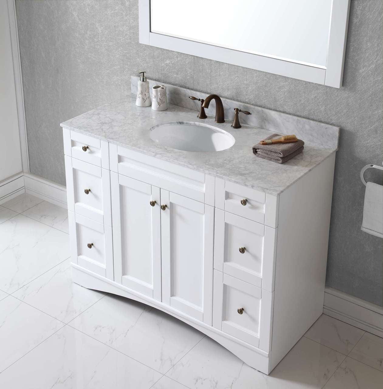 Virtu USA Elise 48 Single Bathroom Vanity Set in White w/ Italian Carrara White Marble Counter-Top | Round Basin