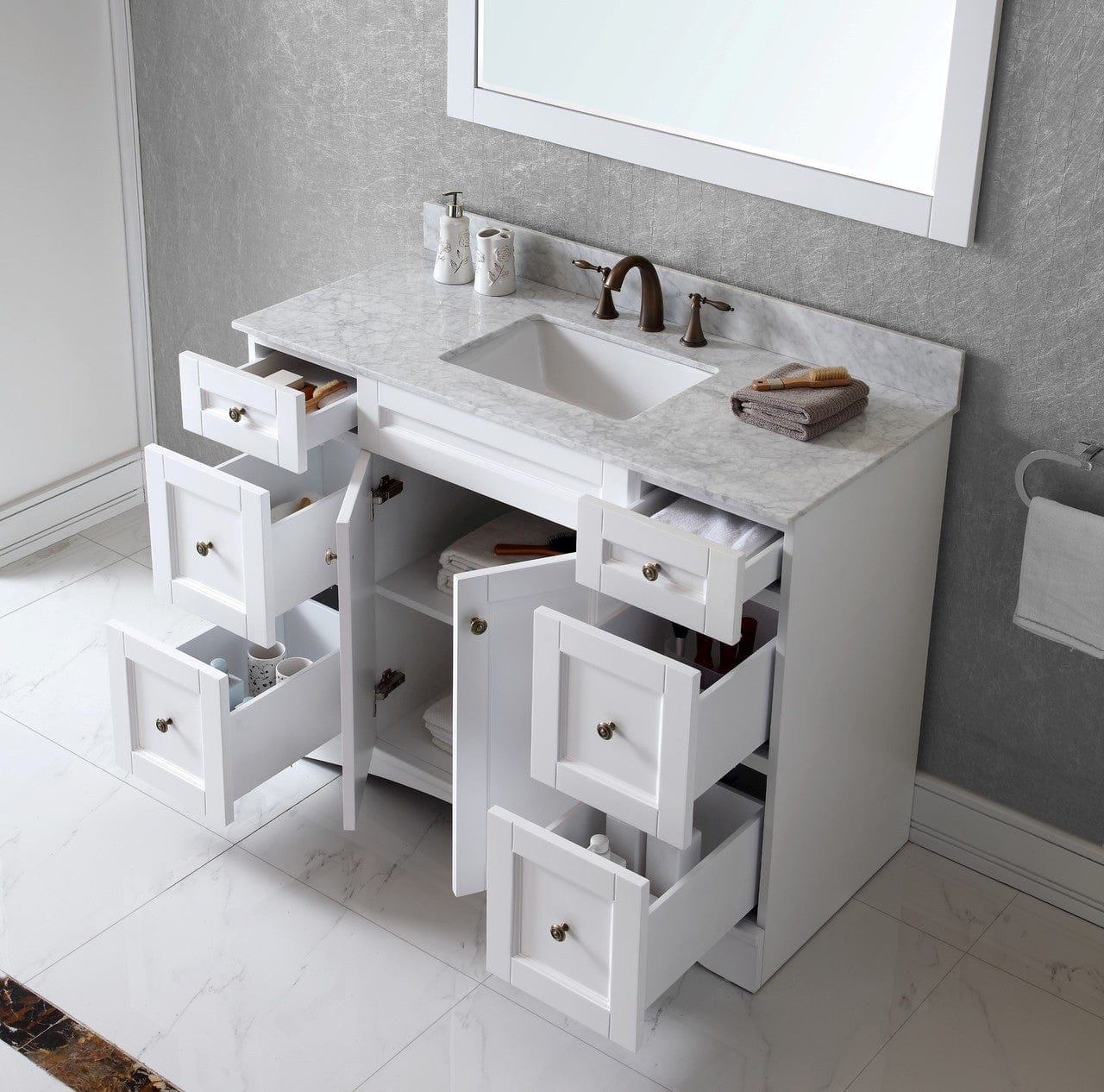 Virtu USA Elise 48 Single Bathroom Vanity Set in White w/ Italian Carrara White Marble Counter-Top | Square Basin