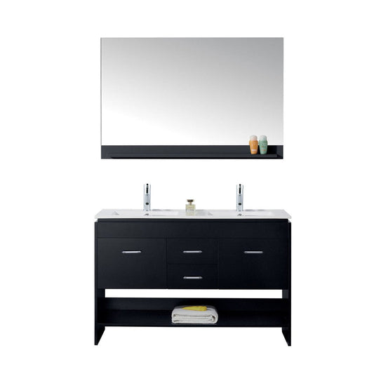 Virtu USA Gloria 48" Double Bathroom Vanity in Espresso w/ Slim White Ceramic Top & Square Sink w/ Polished Chrome Faucet & Mirror