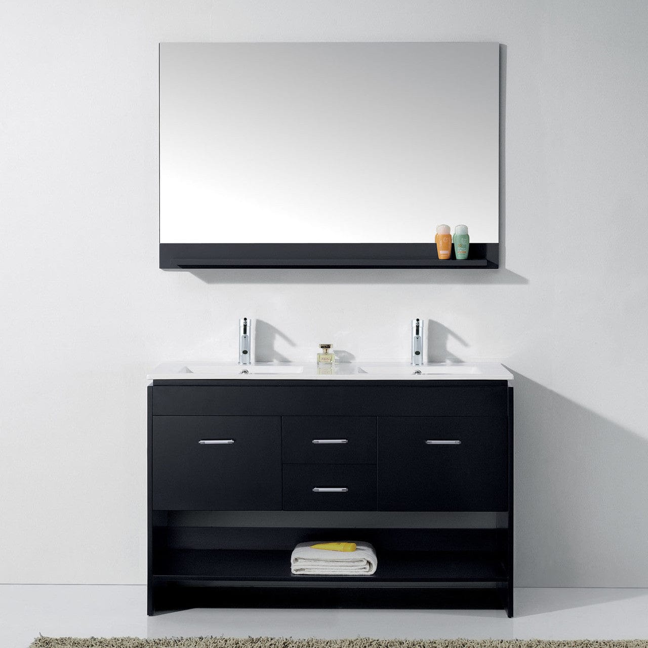Virtu USA Gloria 48 Double Bathroom Vanity in Espresso w/ Slim White Ceramic Top & Square Sink w/ Polished Chrome Faucet & Mirror